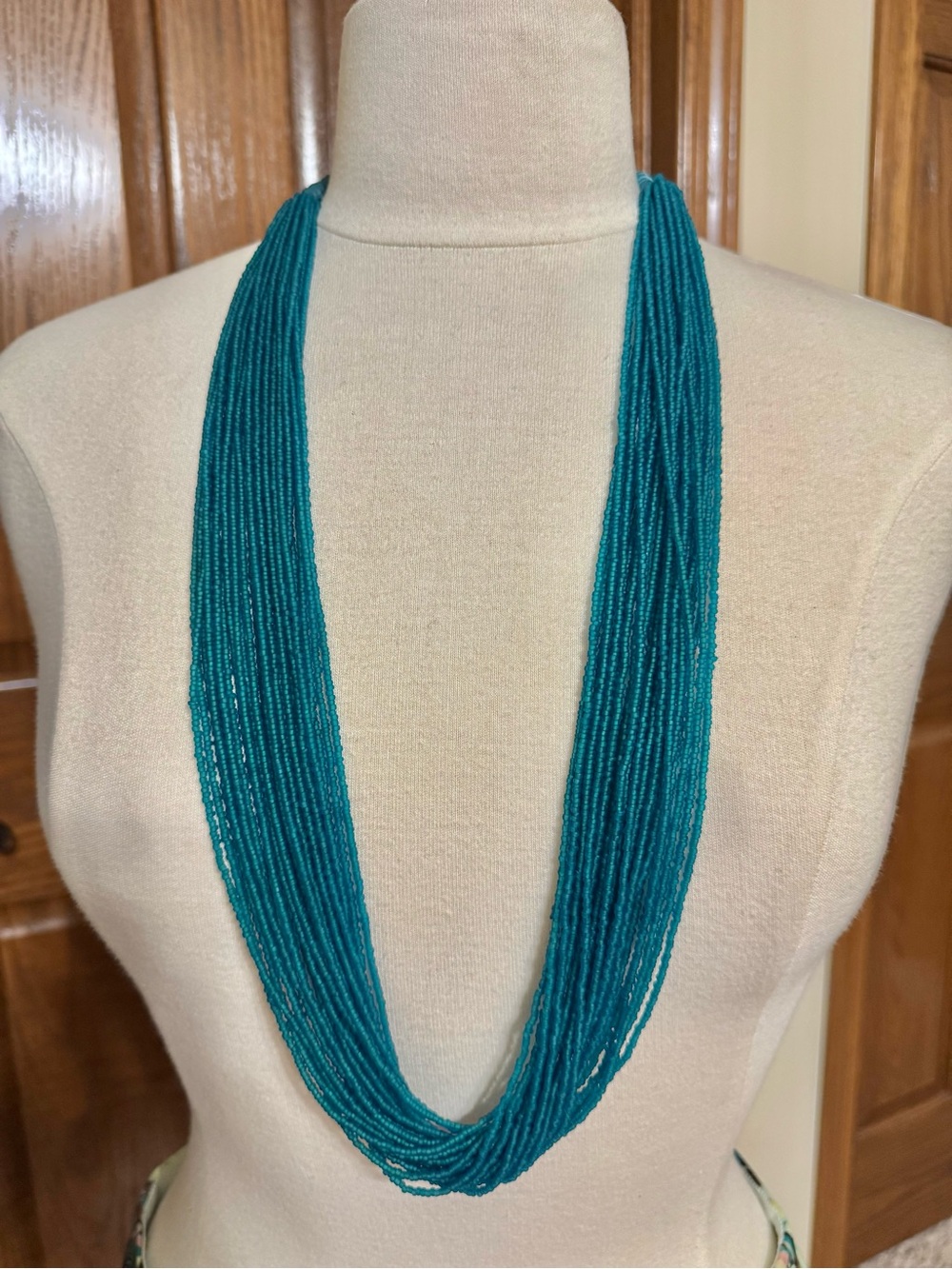 Pre-owned Fossil Multi-Strand Teal Glass Seed Bead Long Boho Style Necklace